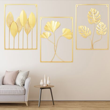 3 pièces, 24 pouces, sculpture murale en métal à suspendre, décorée à la feuille d'or, décoration murale pour la maison.