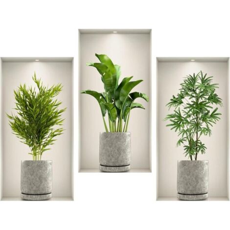 3 Pièces Autocollant Muraux 3D Plante 45x23cm Sticker Muraux 3D Plante de Salon Sticker Mural de Plantes Vertes pour Salon, Chambre à Coucher, Cuisine