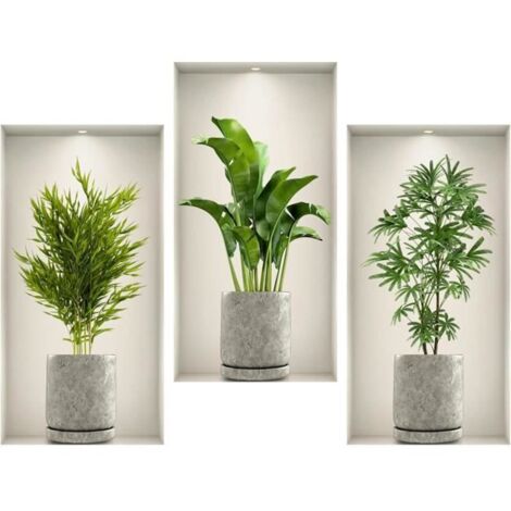 3 Pièces Autocollants Muraux 3D Plantes 45x23cm, Stickers Muraux Végétaux pour Salon, Décor Végétal Vert.