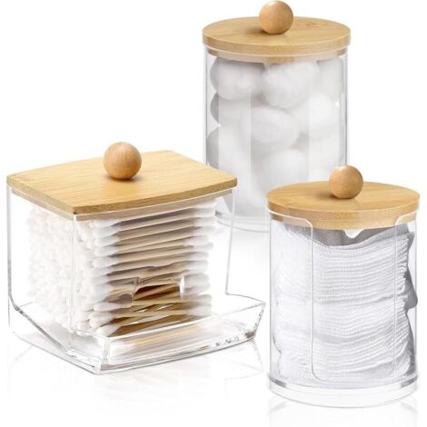 3 Pièces Boite Coton Tige, Rangement Coton Tige avec Couvercle en Bambou, Distributeur de Cotons-Tiges en Acrylique pour Coiffeuse et Salle de Bain