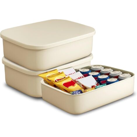 3 Pièces Boîte de Rangement avec Couvercle, Panier Rangement Plastique avec Couvercle, Bac Plastique Rangement Paniers et Boîtes de Rangement pour Placard, Bureau, Salle de Bain (Couleur Crème)