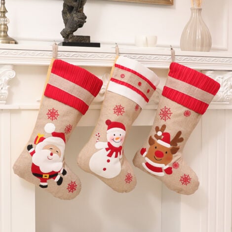 3 Pieces Christmas Hanging Stockings Large Christmas Stocking Tree Fireplace Decoration Santa Claus Reindeer Snowmen Christmas Stocking for Candy Cookie Gift Bag Christmas Socks（1）