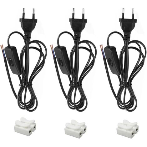 3 Pièces Cordon avec Interrupteur 1,8 m Câble de Connexion avec Euro Fiche, 2 x 0,75 mm²,2 x Câbles de Lampe avec Interrupteur pour Lampes, Lampes de Table, lampadaires (Noir)