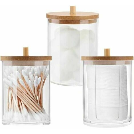 3 Pièces Coton Tampons Organisateur Boite Coton Tige Porte ​Distributeur​de Cylindre Rangement pour Boules de Coton Réservoir de Stockage Transparent avec Couvercles en Bambou