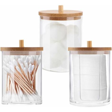 3 Pièces Coton Tampons Organisateur Boite Coton Tige Porte Distributeurde Cylindre Rangement pour Boules de Coton Réservoir de Stockage Transparent avec Couvercles en Bambou LITZEE