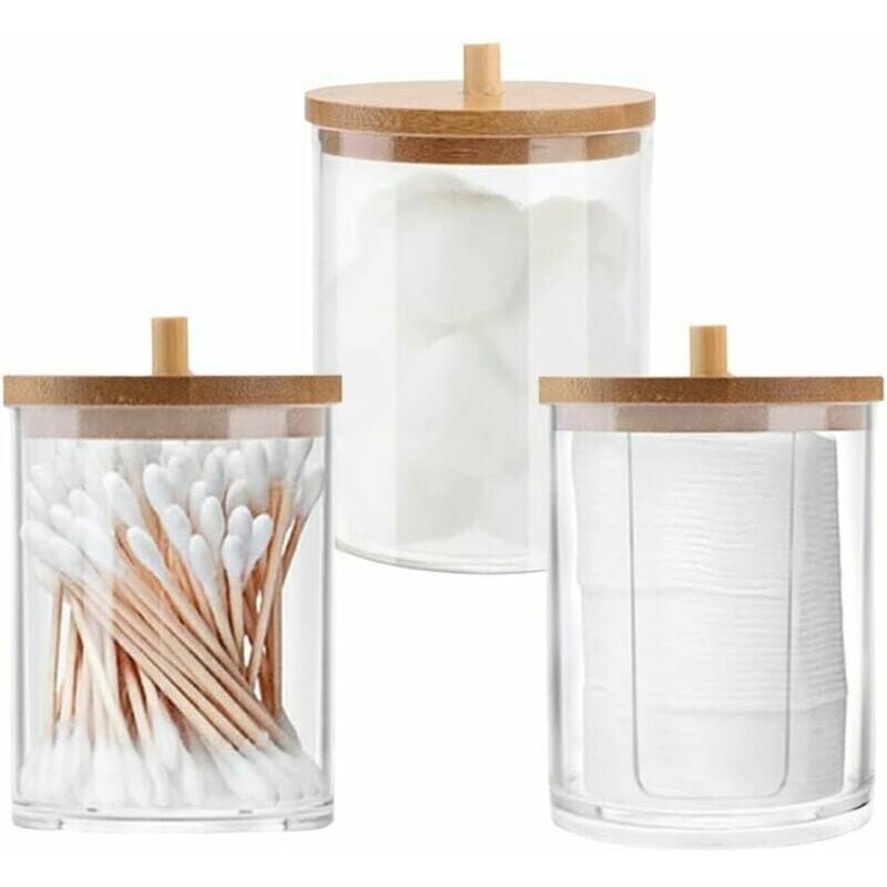 Soleil - 3 Pieces Cotton Swabs Organizer Box Cotton Swab Dispenser Cylinder Holder Storage for Cotton Balls Clear Storage Tank with Bamboo Lids