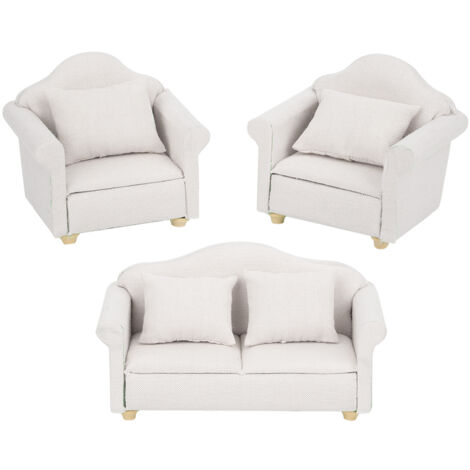 3 Pièces Coussin Plaid Miniature 1:12 pour Maison de Poupée, Meuble Accessoire Salon Blanc