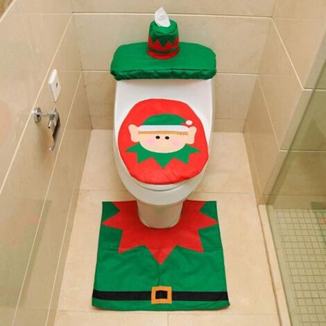 3 pièces Couverture de Siège de Toilette de Noël Décorations Noël Housse pour abattant de WC pour réservoir et Tapis de Salle de Bain Set de décoration,décoration de fête(Elfe de Noël)