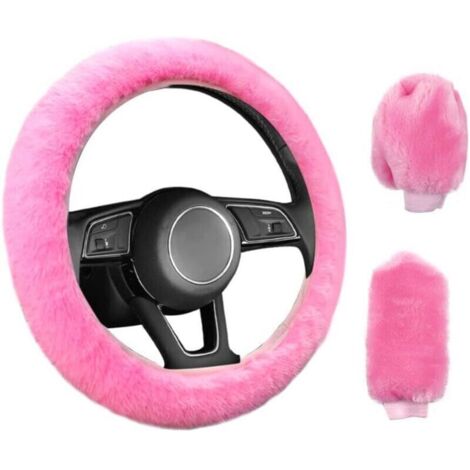 3 Pièces Couverture de Volant de Voiture Anti-Dérapant Élastique Housse de Volant Universelle de Voiture en Peluche Rose avec Housse Frein à Main et Boîte Vitesses (38cm)