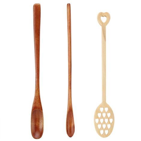 3 Pièces Cuillère en Bois à Long Manche pour Mélanger Café, Lait, Miel - Cuillère Percée pour Cuisine