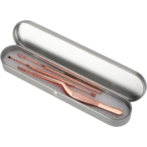 3 pièces Curette à Cérumen Double Tête en Acier Inoxydable, Pince à Épiler et Curettes (Or Rose)
