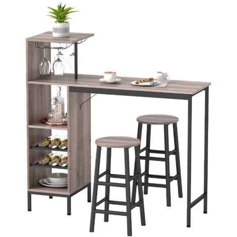 3 pièces. Ensemble de table de bar avec rangement, portants à vin, porte-verres, reposepieds avec repose-pieds, pour petits espaces, gris