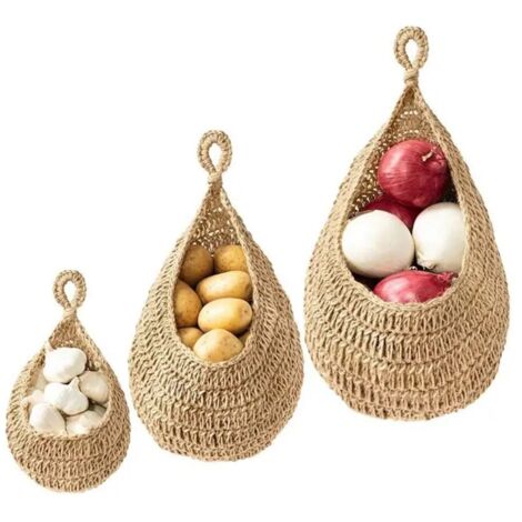 3 Pièces Ensemble Panier Osier, panier mural à suspendre tissé à la main en tissu de coton, pour Fruits Légumes Collations