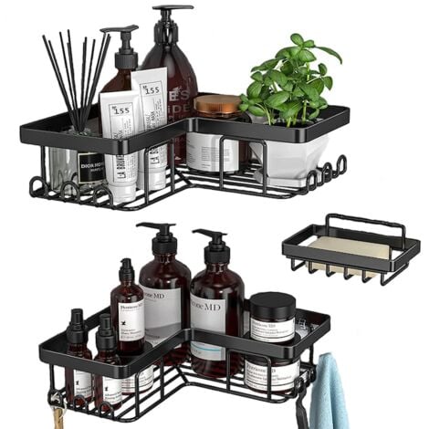 3 Pièces Etagère de Douche sans Perçage, Etagere Salle de Bain en Acier Inoxydable, Etagere Douche avec Crochets, Étagère de Rangement Douche Auto-adhésif, Rangement Douche pour Salle (Noir)