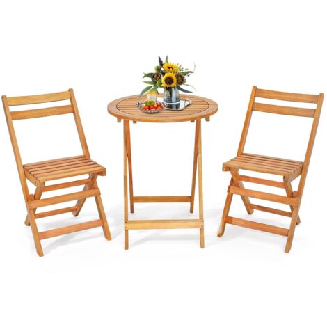 3 Pieces Folding Patio Bistro Set Wooden Table and Chairs with Slatted Tabletop