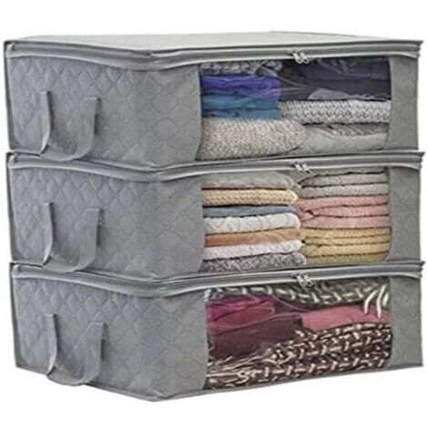 (3 Pieces, Grey) Foldable Clothing Storage Bag, 49 x 36 x 21 cm, Underbed Storage Bag, Thickened Waterproof Non-woven Fabric, Suitable for Quilts, Blankets, Pillows, Clothes