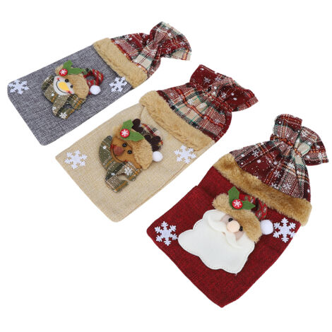 3 Pièces Housse pour Bouteille de Vin en Lin à Motif Quadrillé, Sac pour Bouteille de Champagne, Décoration de Noël
