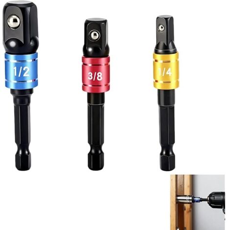 3 Pieces Impact Socket Adapters, 1/2 to 1/4 Inch Socket Adapter, Screwdriver Bit, Impact Driver Bit, 1/4 Inch Hex Drive for 1/4 Inch, 3/8 Inch and 1/2 Inch Sockets