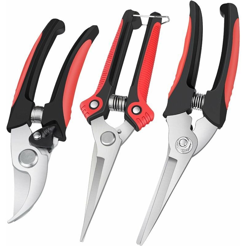 3 pièces Jardin Sécateurs et ciseaux de jardinage Sécateur à main en Acier Inoxydable Lame tranchante d'élagage Cisailles pour jardiniers émondage
