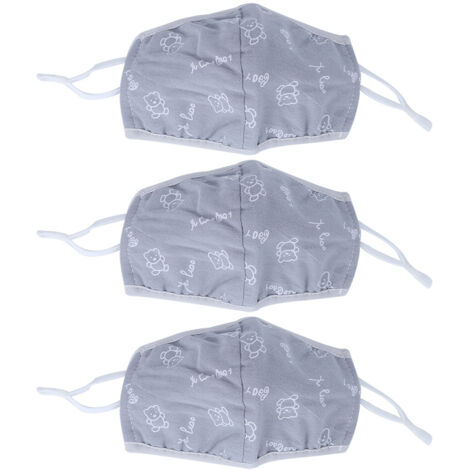 3 Pièces Masque Anti-Poussière Lavable pour Enfants, Couverture Bouche Respirante en Coton avec Imprimé Gris