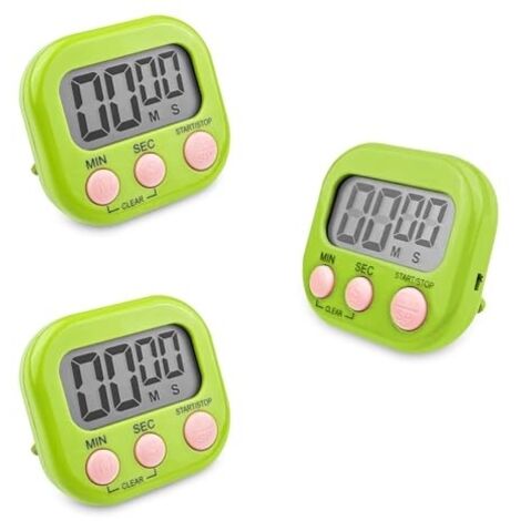 3 Pièces Minuteur de Cuisine Magnétique Vert, Chronometre avec Grand Écran LCD, Chronomètre et Alarme Digital, Timer Enfant, Compte à Rebours pour Kitchen Cuisson Douche Sport