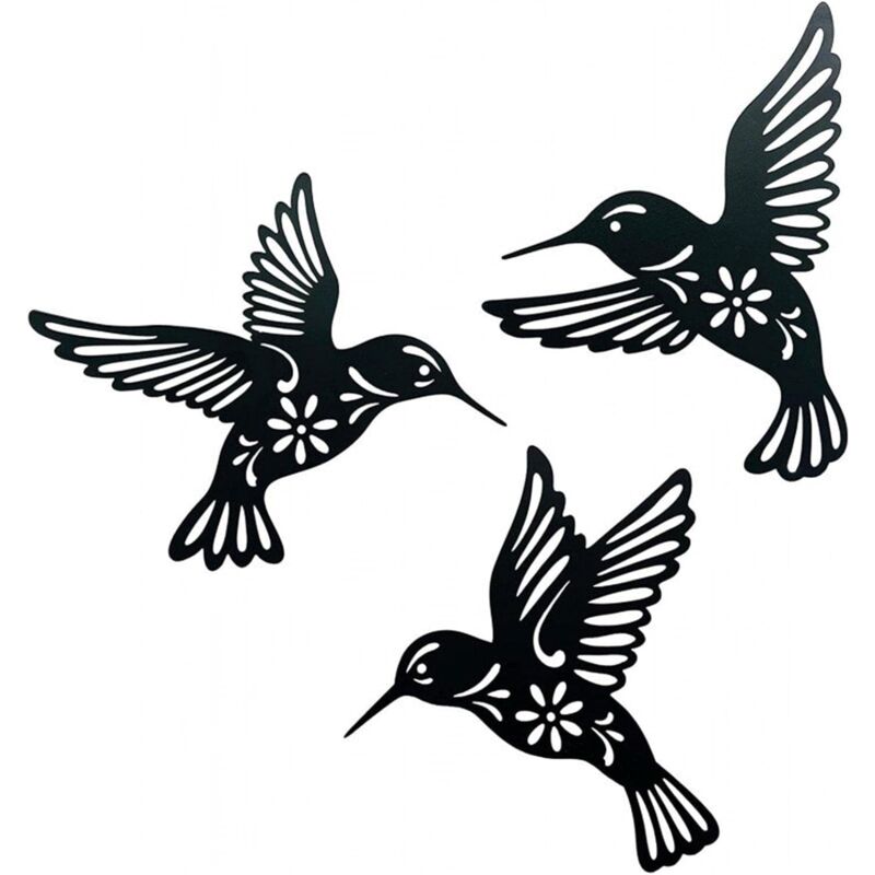 3 pièces noir oiseau art mural - Décoration extérieure oiseaux suspendus, sculpture colibri pour chambre salon jardin jardin terrasse