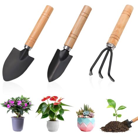3 Pièces Outils de Jardinage, Mini Outils de Jardinage, Mini Outil de Jardin, Outil de Jardinages à Main avec Manches en Bois, Pelle, Bêche, Râteau, pour Balcon Potager Plantes Grasses