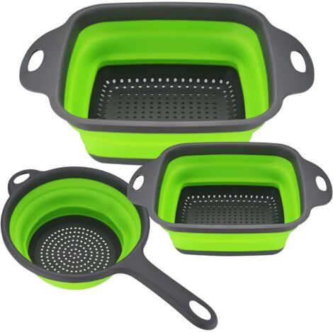 3 Pièces Passoire Pliable Silicone, Passoire Filtres de Cuisine, Colander Panier de Lavage de Silicone Pliable pour Dérener Pâtes, Légumes, Fruits - Vert