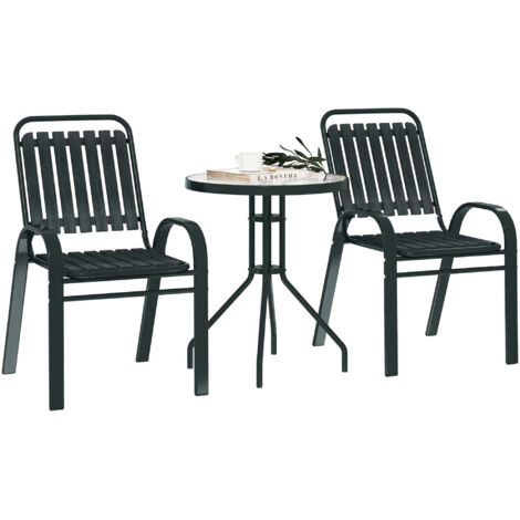 3 Pieces Patio Bistro Set with Stackable Chairs, Tempered Glass Table, for Outdoor, Balcony, Patio, Garden Charcoal Grey