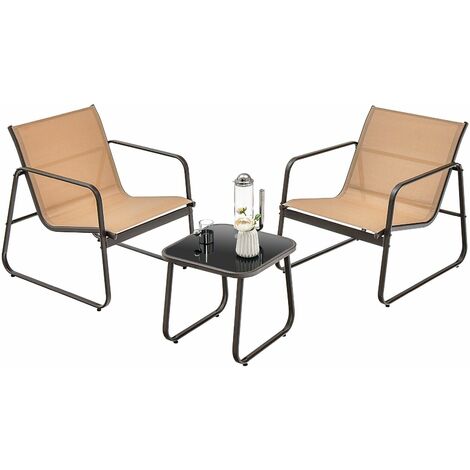 3 Pieces Patio Conversation Set Outdoor Metal Chair & Table Set Glass Tabletop