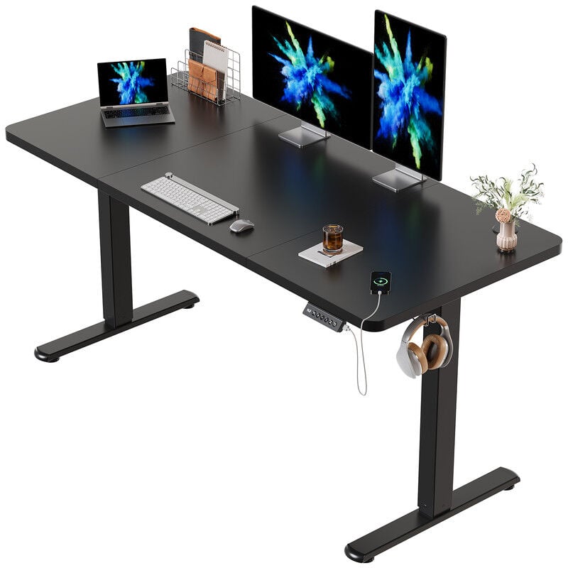 Bureau Assis Debout Électrique Réglable en Hauteur, Panneau avec 4 Claviers à Mémoire Automatique, Cadre en Acier, Équipé du Système Anti-Collision,
