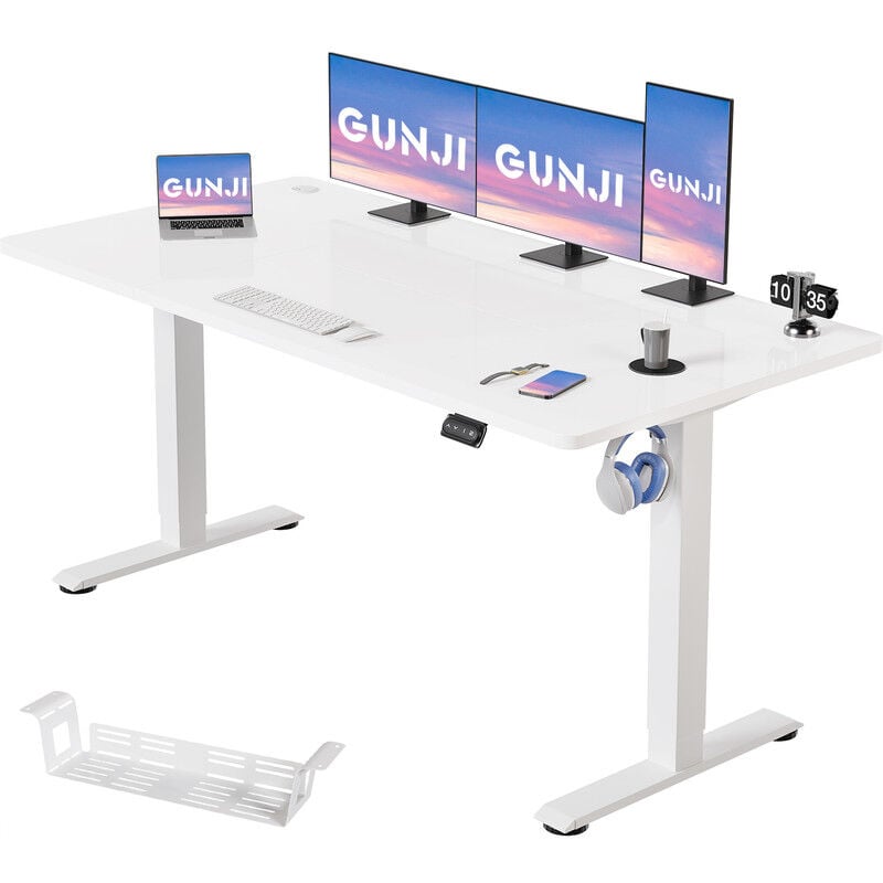 Table élévatrice de bureau réglable en hauteur, capacité de charge 70 kg, fonction mémoire à 2 niveaux, planches de bois épissées 160 cm Blanc