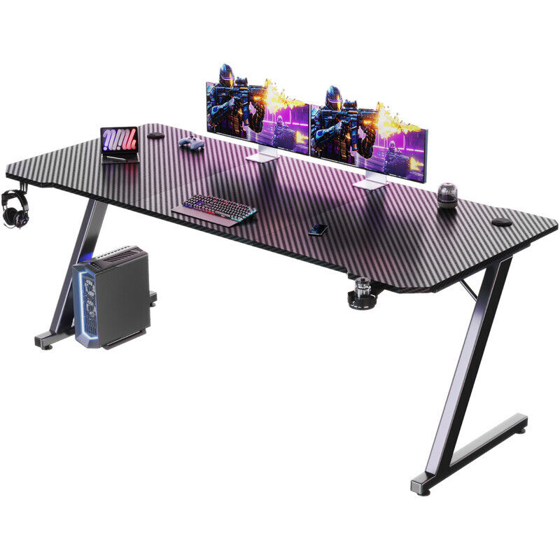 Bureau gamer Peut être utilisé pour les jeux, 180 cm × 60 cm, noir, avec support pour casque + porte-gobelet Devoko