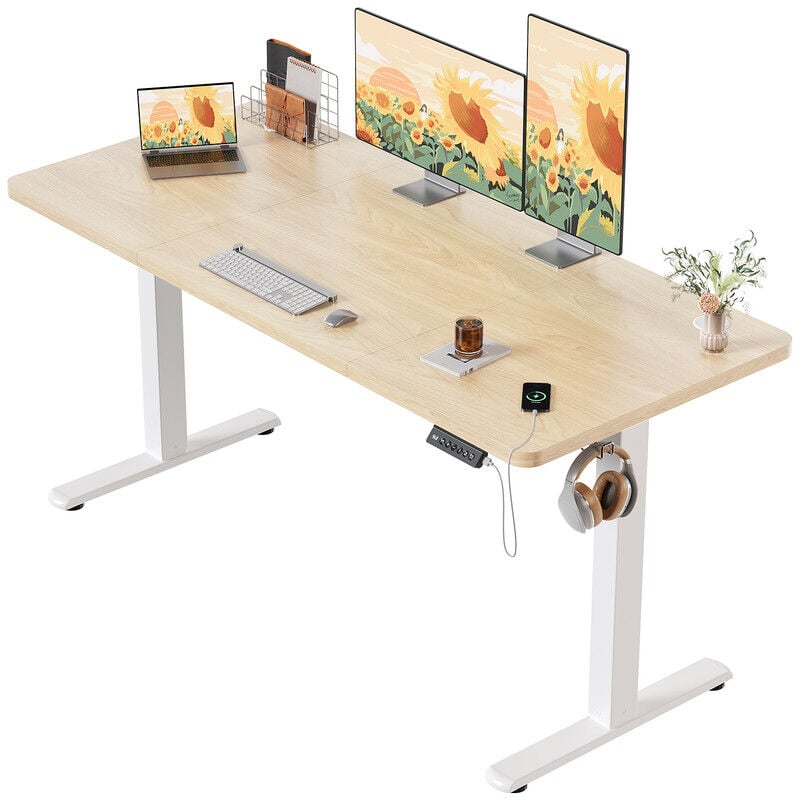 Bureau Assis Debout Électrique Réglable en Hauteur, Panneau avec 4 Claviers à Mémoire Automatique, Cadre en Acier, Équipé du Système Anti-Collision,