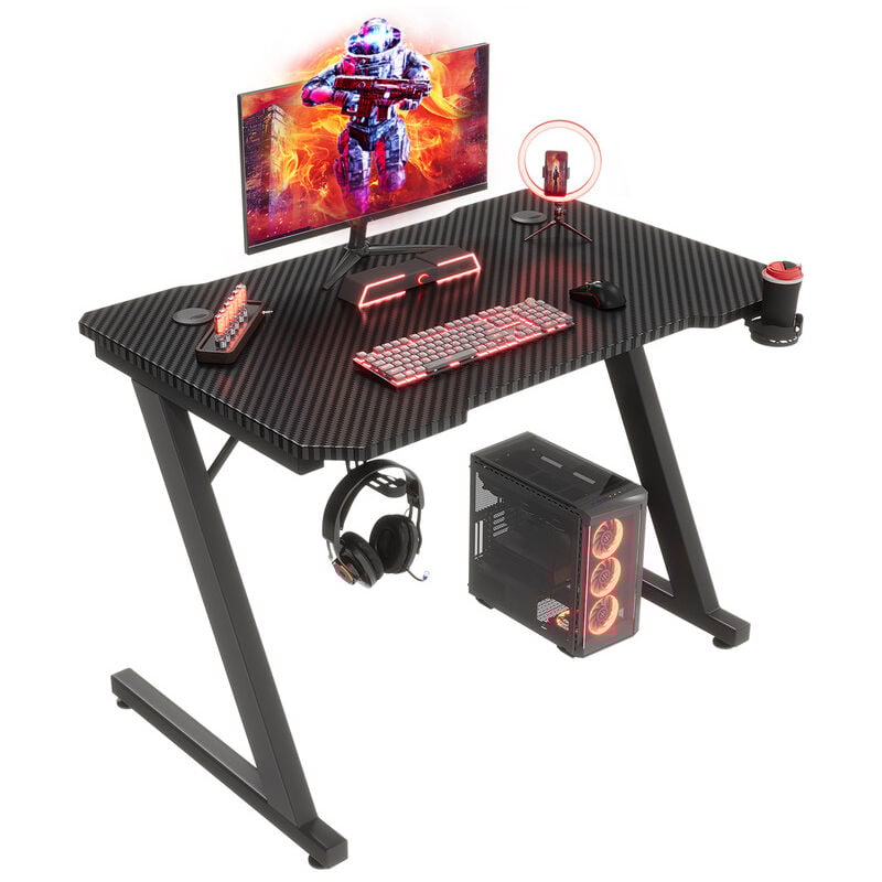 Bureau gamer Peut être utilisé pour les jeux, 80 cm × 60 cm, noir, avec support pour casque + porte-gobelet Devoko