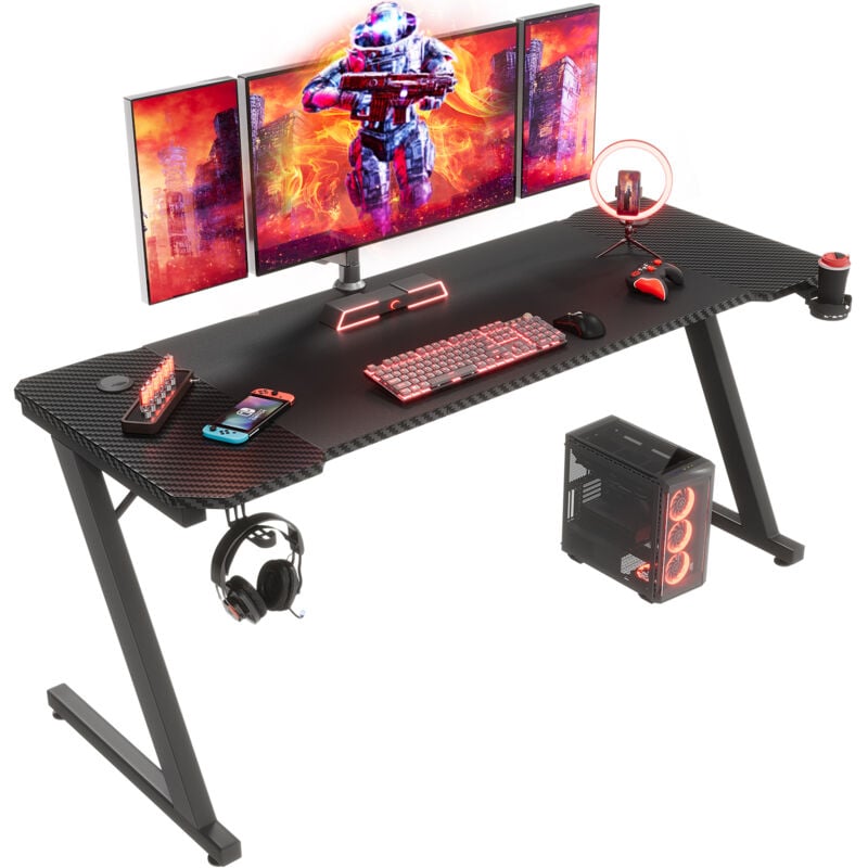 Bureau gamer Peut être utilisé pour les jeux, 160 cm × 60 cm, noir, avec support pour casque + porte-gobelet Devoko