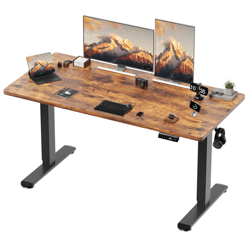 Bureau Assis Debout Électrique Réglable en Hauteur 140x70x(72-116) cm, Panneau avec 4 Claviers à Mémoire Automatique, Cadre en Acier, Équipé du