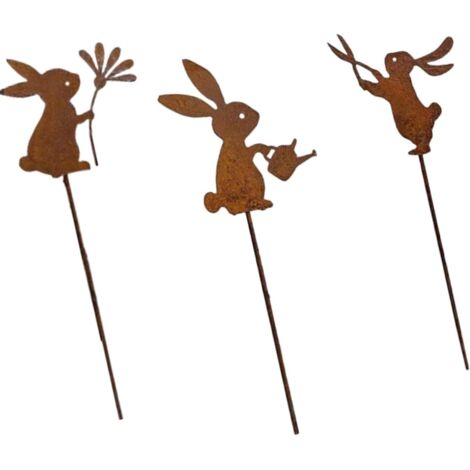 3 Pièces Piquet Lapin Métal Rouillé Décoration Jardin Terrasse Balcon Printemps Pâques