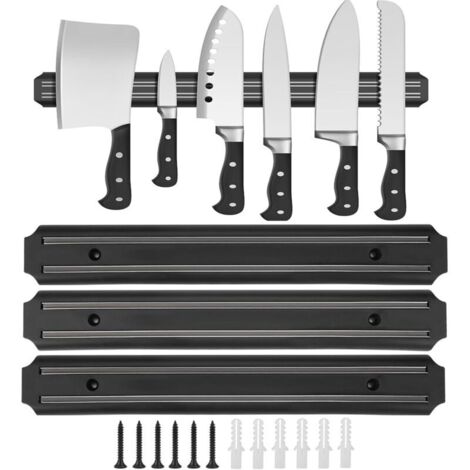 3 Pieces Porte Couteaux Aimanté Cuisine, 33cm Barre à Couteaux Aimantée avec 6 Vis, Porte Couteau Fixation Mural, Magnétique Couteaux, Range Couteaux Noire pour Couteaux de Cuisine