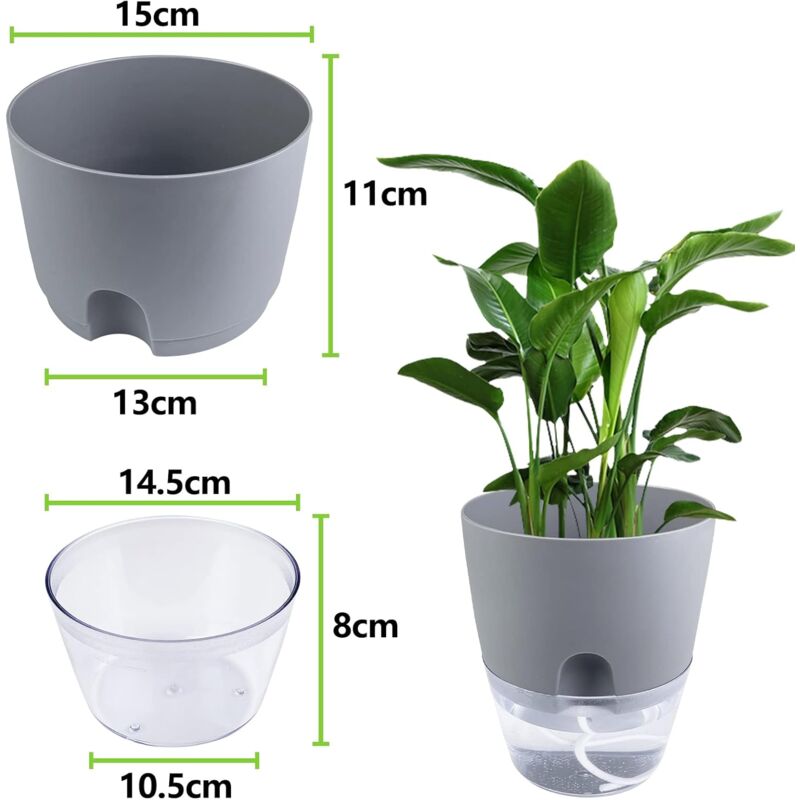 3 pièces Pots de Fleurs Gris 15.3cm Largeur, Automatique Pots avec Système D'arrosage Automatique, D'Arrosage Automatique Pots Transparent avec