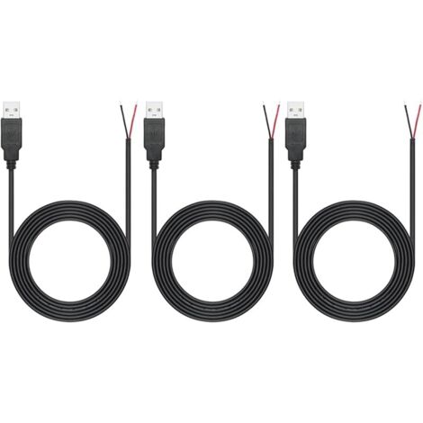 3 Pièces Queue de cochon USB de 2 M, câble USB 2.0 à 2 fils 22AWG, extrémité ouverte à fil nu à 2 broches, câble USB mâle de 2 mètres, câble d'alimentation à prise USB 12V 3A