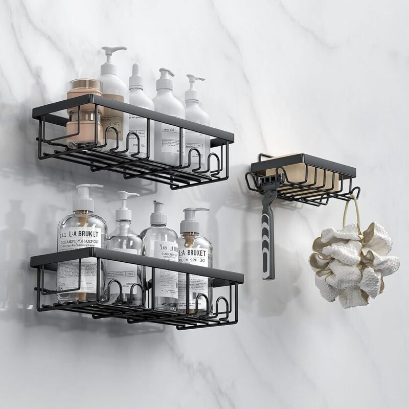3 pièces rangement salle de bain noir, étagère adhésive avec crochets, sans perçage pour douche