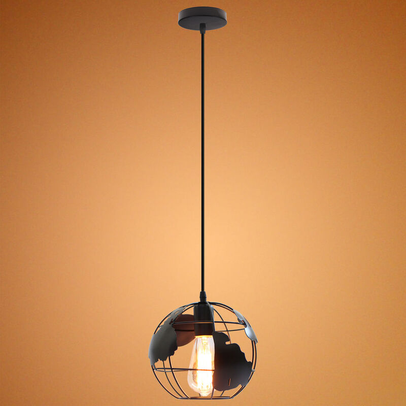 Vintage Industrial Ceiling Hanging Lamp Globe World Map Pendant Light Metal Chandelier Black