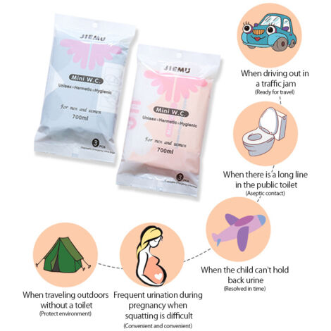 3 pièces Sacs Urinaux Jetables pour Femmes 700ml, Urinoir Portable d'Urgence, Entonnoir Urinaire Femme pour Pipi Debout