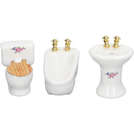 3 Pièces Salle de Bain Miniature Maison de Poupée Céramique Baignoire Toilette Lavabo 1/24 Meubles Salle de Bain à Fleurs