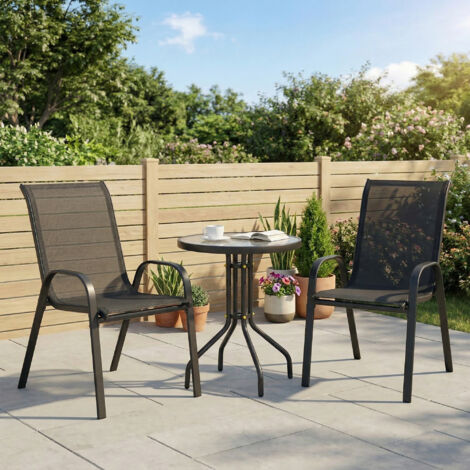 3 pièces salon de jardin extérieur ensemble de meubles 2 fauteuils empilables table basse dessus en verre trempé noir