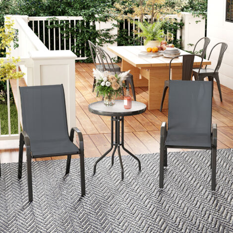 3 pièces salon de jardin extérieur ensemble de meubles 2 fauteuils empilables table basse dessus verre trempé gris foncé