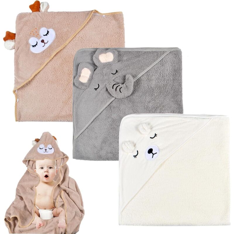 3 Pièces Serviette de Bain Capuche Bébé,Serviette Bebe Naissance,Cape de Bain Bebe,Douces & Absorption Forte,80 x 80cm Peluche De Corail De Haute