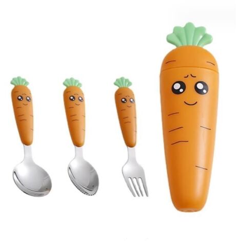 3 Pièces Set de Couverts en INOX Enfant,Couverts Enfants en , Fourchette et Cuillère Avec 1 boîte de rangement pour carottes Enfant