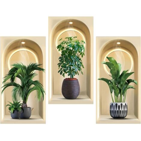 3 Pièces Stickers Muraux 3D 30 x 60 cm Autocollants Muraux de Plante Verte en Pot Simulé Décoration Adhesif Mural Decoratif Vase DIY Sticker Mural pour Salon Cuisine Chambre